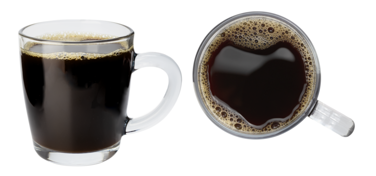 Black Americano coffee in a transparent glass mug side view and view from above isolated clipping path on white background.
