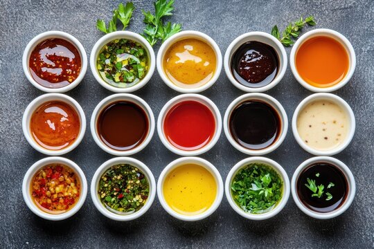 Assortment of Gourmet Sauces in White Bowls on Dark Stone Background Culinary Variety and Flavorful Condiments for Food Photography and Restaurant Menus
