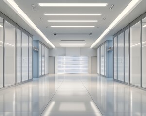 Fototapeta premium Modern hallway with sleek design, bright lighting, and reflective floors, ideal for architectural and interior design projects.