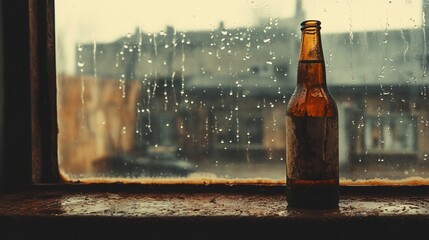 Rainy day beer bottle on window sill