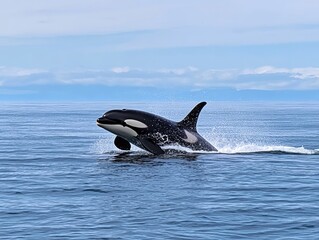 Naklejka premium Orca leaping in open ocean, misty mountains in background. Possible use nature, wildlife