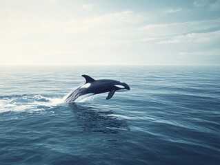 Fototapeta premium Orca leaping ocean sunrise seascape