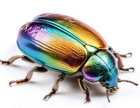 A close-up photograph of an iridescent beetle with a metallic sheen, captured against a clean white background