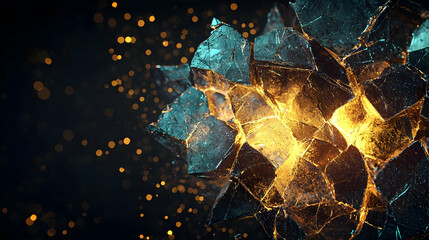Abstract Digital Art Depicting An Explosive Destruction Of Teal And Gold Crystals In A Dark Background With Golden Particles