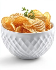 Golden rippled potato chips in a white patterned bowl with fresh thyme sprig against white background studio shot