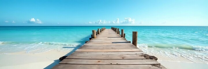 Rustic wooden jetty on a serene beach with clear blue skies and calm waters, serene, beach, seaside