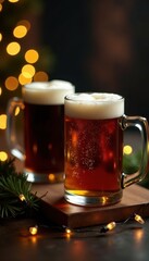 Rich, dark beer fills mugs on table adorned with lights and garland, cozy, xmas, frosty