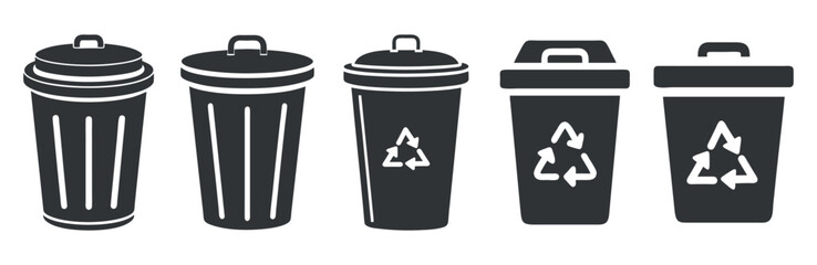 set of black five icons trash can or recycle bin vector silhouette