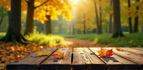 Rustic wooden table with fallen leaves in forest setting, table, autumn, fallen leaves