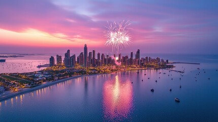 Naklejka premium Vibrant sunset fireworks over coastal city skyline