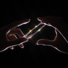  A close-up shot of two hands delicately holding a shimmering, iridescent object against a dark background
