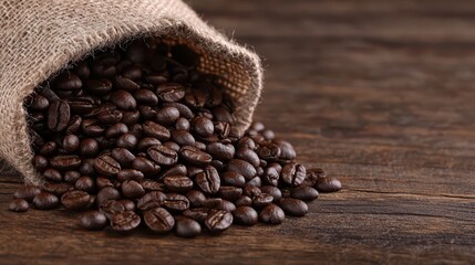 Fototapeta premium Freshly roasted coffee beans spilling from a burlap sack