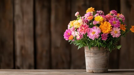 Vibrant bouquet of mixed flowers in rustic wooden vase