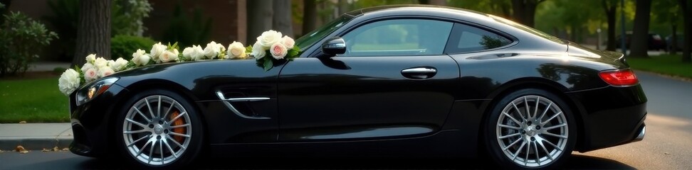 Sleek black car adorned with white roses and a bridal bouquet , car, photography