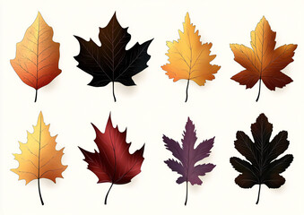Autumn Leaf Silhouette Set in Bold Vectors for Use on Food Packaging, Gift Wrapping, and Design Elements with Golden Accents and Warm Color Tones