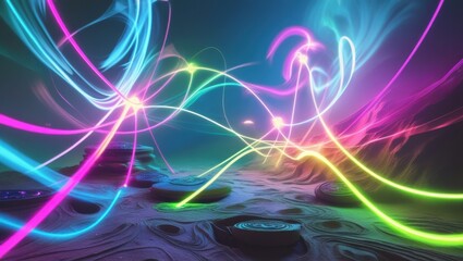 Vibrant Neon Light Trails Across a Dark Landscape