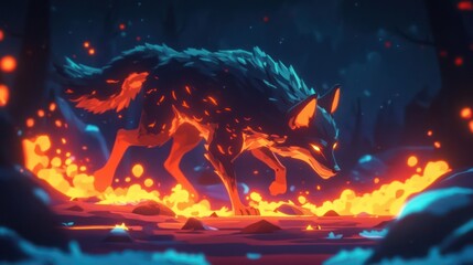 Fiery Wolf in a Night Forest