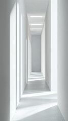 Obraz premium Long, white hallway with sunlight streaming through unseen windows, creating light and shadow patterns on the floor and walls, showcasing minimalist architecture and clean design