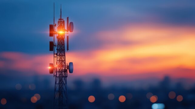 Sunset view of a telecommunications tower glowing in the evening