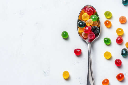 Colorful gummy candies scattered on a light background with some candies on a silver spoon.