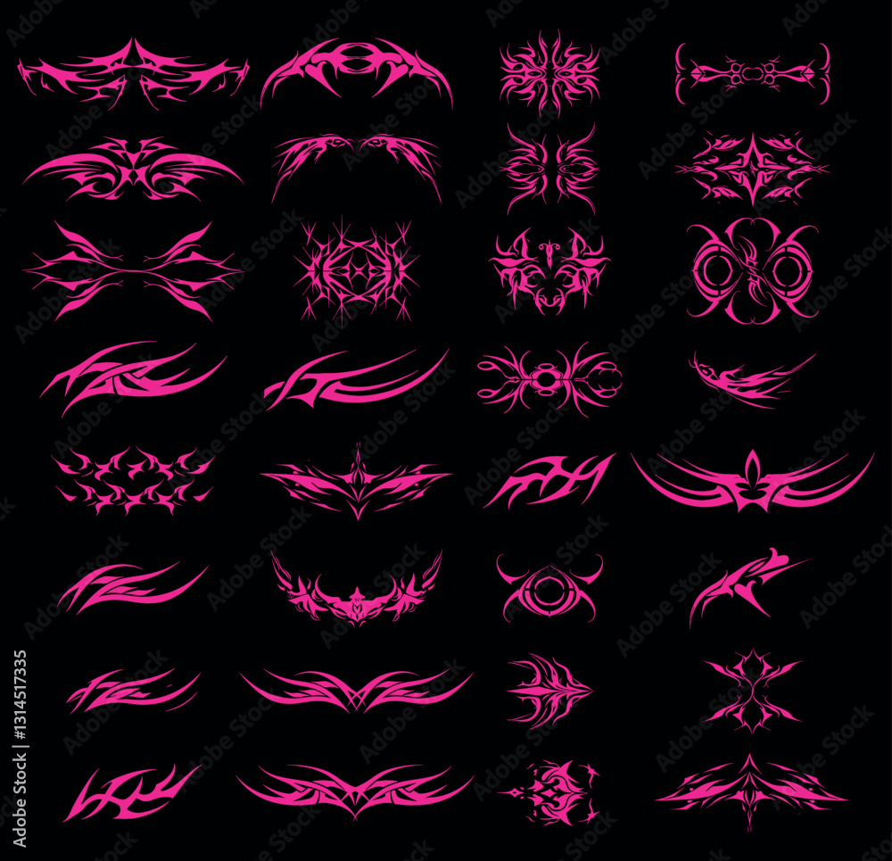 Poster detailed vector illustrations showcase a collection of tribal designs in vibrant pink against a soli