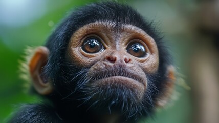 Fototapeta premium Close-Up Portrait of a Cute Monkey with Big Eyes in Lush Tropical Rainforest Environment
