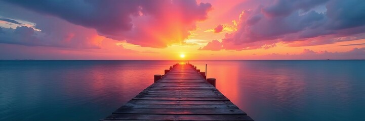 Fototapeta premium Serene sunset over calm sea with rustic wooden pier, scenic, tranquil