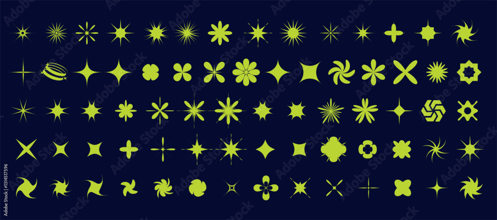 Aufkleber A collection of unique starburst and decorative shapes is displayed in bright colors against a dark backdrop. The design includes 