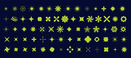 A collection of unique starburst and decorative shapes is displayed in bright colors against a dark backdrop. The design includes 