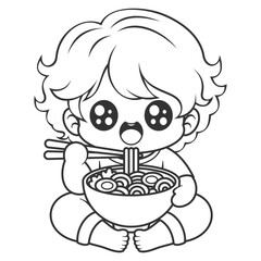 Boy alone eating ramen, for coloring