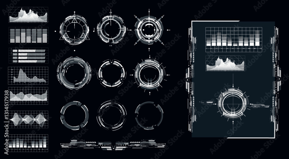 Aufkleber MobileThis vector illustration features various futuristic dashboard components, including graphs, circular charts, and data bars, designed for user interface applications.