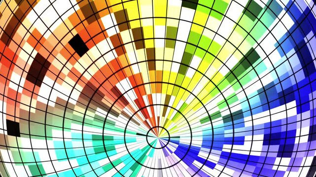 3D animation of colorful rotating lights using a ball as the medium.
