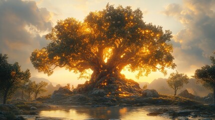 Obraz premium Golden Hour Majesty: A Timeless Ancient Tree at Sunset