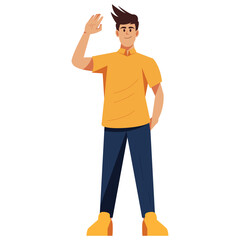 Man waving hand. Man character say Hello with greeting gesture.
