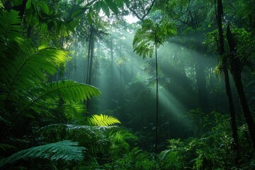 Lush rainforest canopy illuminated by sunbeams creating a serene and enchanting scene of natural beauty and tranquility with vibrant green foliage