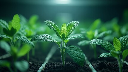 New Mint Seedlings Thrive in a Well-Lit Indoor Garden During the Early Days of Growth
