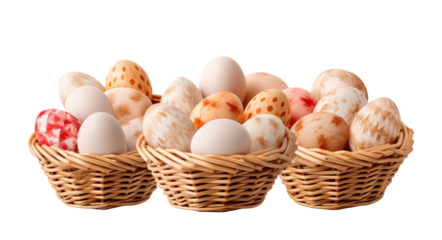Colorful Baskets With Quail Eggs Generative AI  Easter eggs in a wicker basket, transparent background
