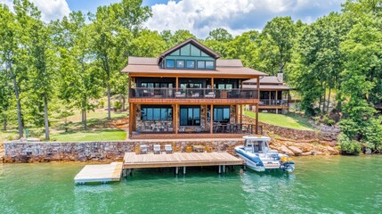 Obraz premium Luxury Lakefront Home with Private Dock and Boat
