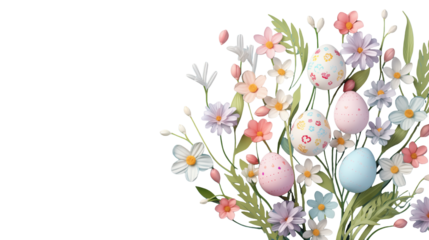 Vibrant Spring Display of Colorful Eggs Nestled Among Beautiful Fresh Flowers on Transparent PNG Background.Pastel Easter Border Clipart Vector Illustration