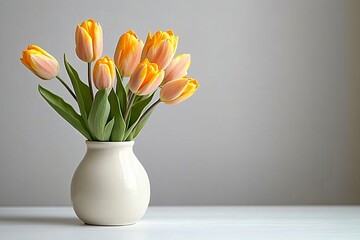 Bright yellow and orange striped tulips in a minimalist white vase create an elegant atmosphere, perfect for spring designs, weddings, or floral-themed decor.