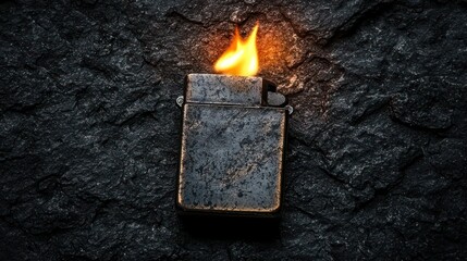 Vintage lighter igniting on dark stone background