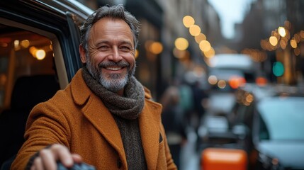 Obraz premium 3. **A cheerful driver opening the rear car door for arriving tourists, gesturing politely as they prepare to get in**, with luggage carts visible nearby 
