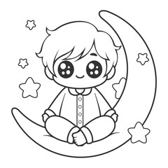 A boy alone on the moon with stars, for coloring