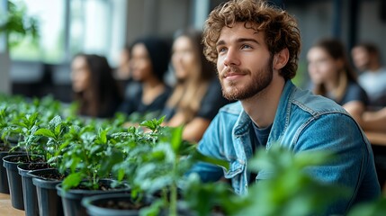Young Man Engaged in a Botany Class Surrounded by Students, Focusing on Plant Care and Growth in an Indoor Setting During the Daylight Hours