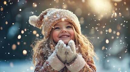 Happy Little Girl Playing in the Snow, Winter Wonderland