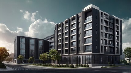 Obraz premium Modern Dark Grey Apartment Building in City Setting