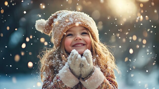 Happy Little Girl Playing in the Snow, Winter Wonderland