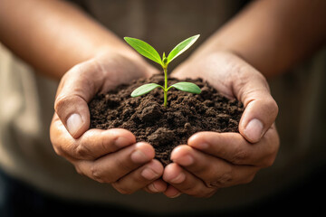 Nurturing hands hold rich soil with small green plant sprouting, symbolizing growth