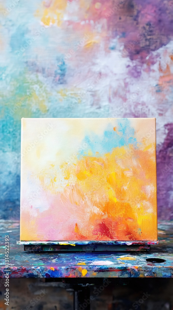 Poster vibrant abstract artwork hanging in sunlit studio, showcasing dynamic color blending and artistic ex