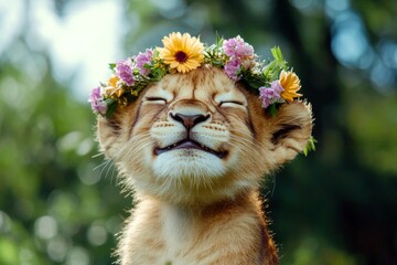 Summer happiness. Cute baby animal lion wearing feral flower wreath on its head. Sunny daylight. Animal with floral elegance. Animal resting among flowers. Floral wonderland and wild animal.